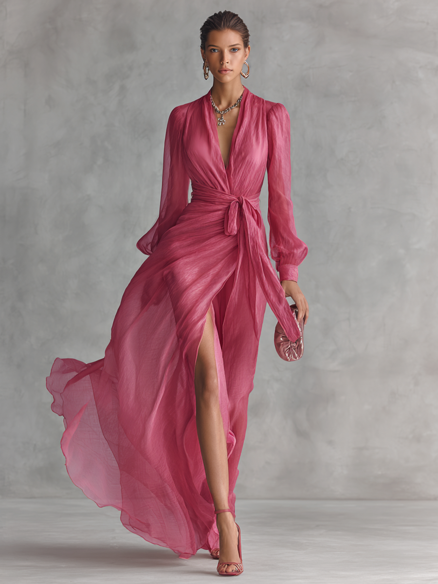 Mia | Różowa Chiffonowa Sukienka Maxikleid z Dekoltem w Serek