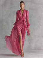Mia | Różowa Chiffonowa Sukienka Maxikleid z Dekoltem w Serek