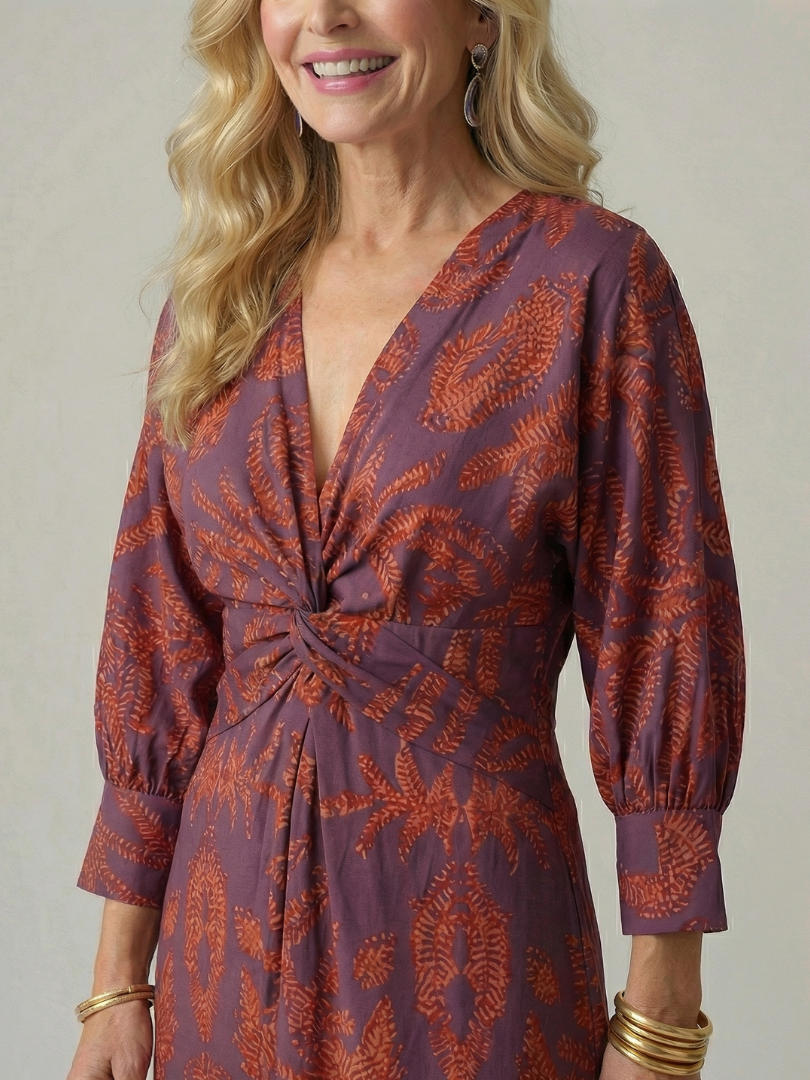 Lune | Midi Dress with Wrap Neckline in Natural Fabric