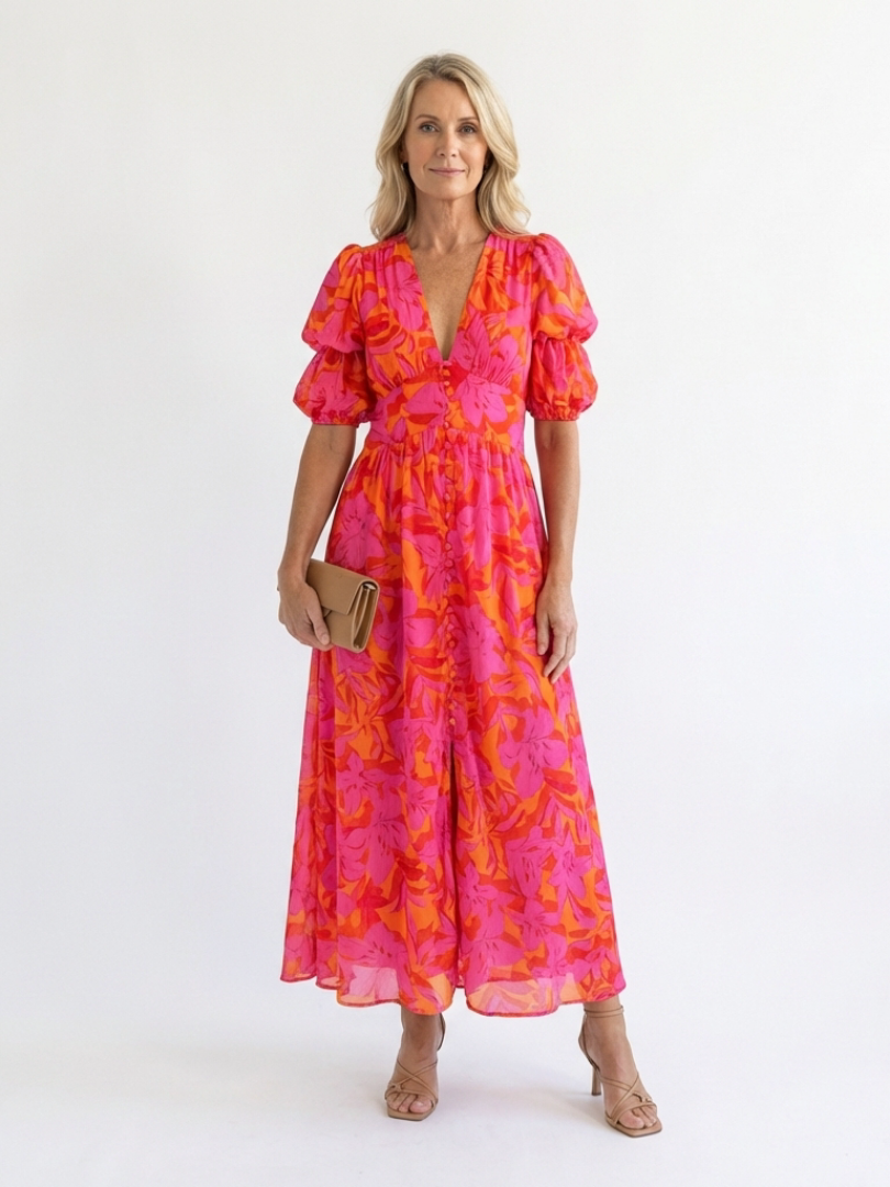 Willow | Midi Dress with Puff Sleeves in Floral Print