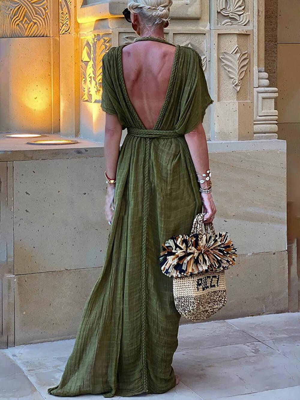 Elena | Maxi Sukienka z Rozcięciem i Drapowanym Kimono w Warkocze