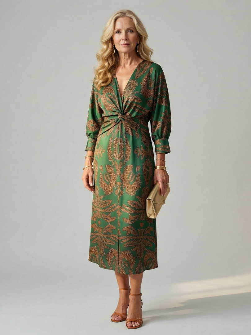 Lune | Midi Dress with Wrap Neckline in Natural Fabric