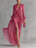 Mia | Różowa Chiffonowa Sukienka Maxikleid z Dekoltem w Serek