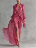 Mia | Różowa Chiffonowa Sukienka Maxikleid z Dekoltem w Serek