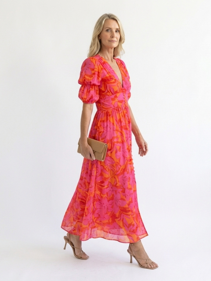 Willow | Midi Dress with Puff Sleeves in Floral Print