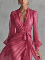 Mia | Różowa Chiffonowa Sukienka Maxikleid z Dekoltem w Serek
