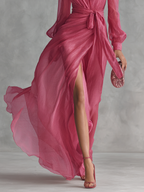 Mia | Różowa Chiffonowa Sukienka Maxikleid z Dekoltem w Serek