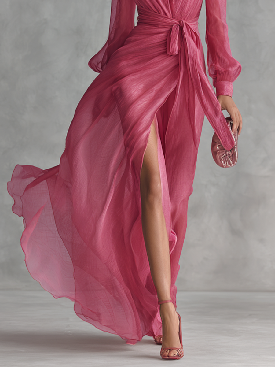 Mia | Różowa Chiffonowa Sukienka Maxikleid z Dekoltem w Serek