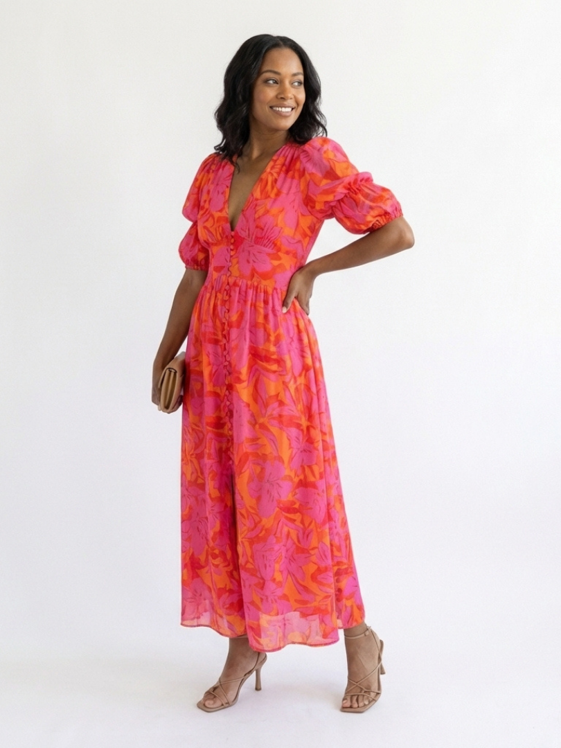 Willow | Midi Dress with Puff Sleeves in Floral Print