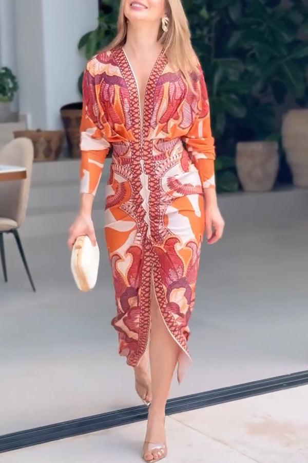 Eva | Unikalna Midi Sukienka Dolman z Printem Sun Escape