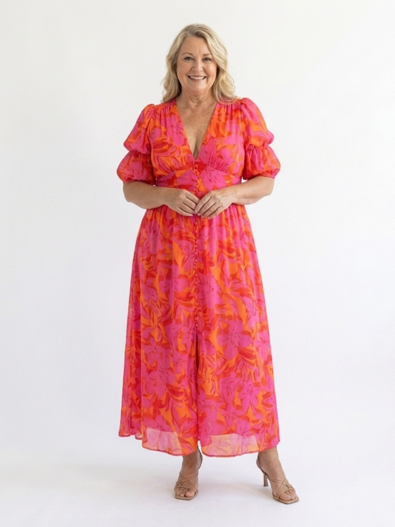 Willow | Midi Dress with Puff Sleeves in Floral Print