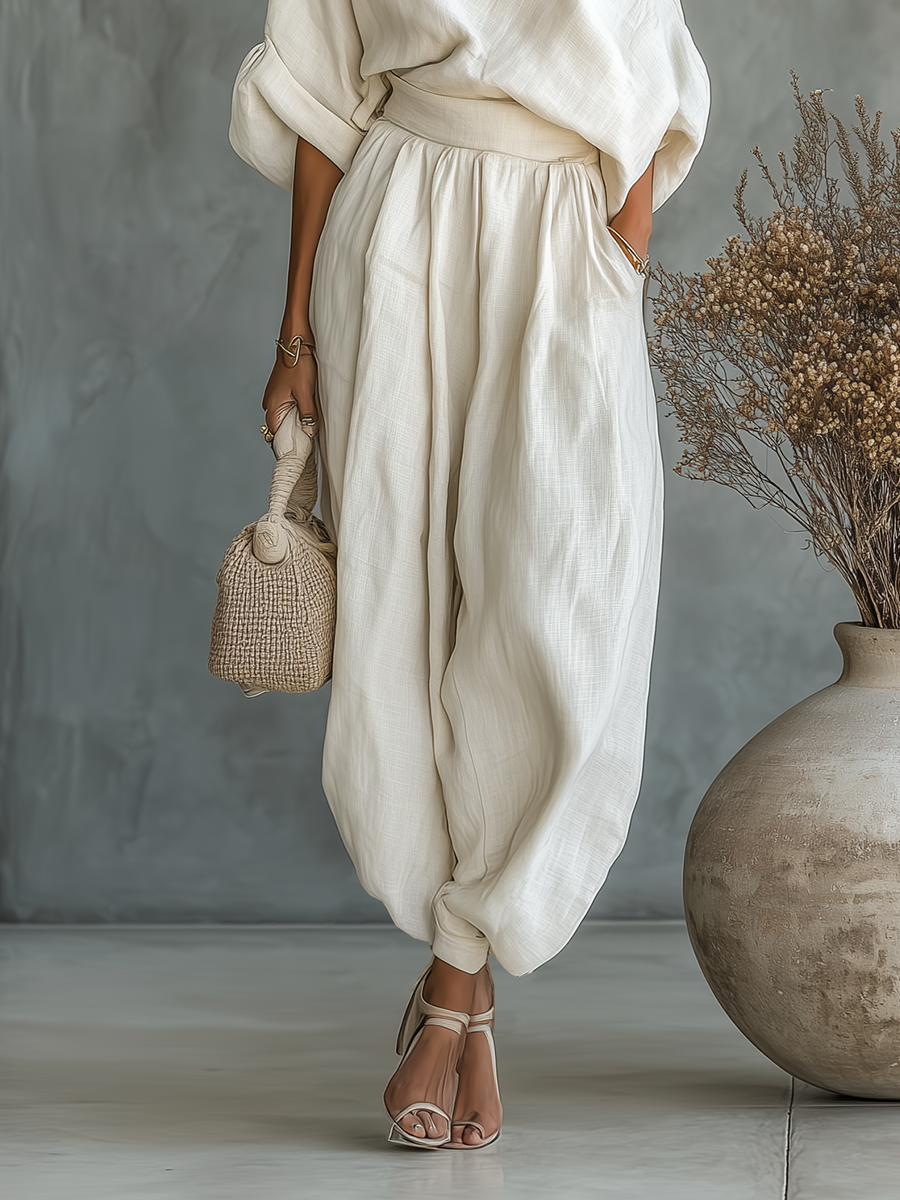 Ella | Biały Len Off-Shoulder Spodnie Set