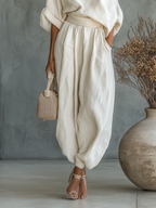 Ella | Biały Len Off-Shoulder Spodnie Set