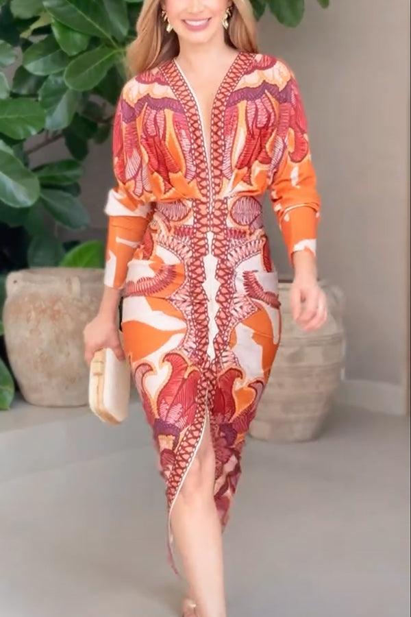 Eva | Unikalna Midi Sukienka Dolman z Printem Sun Escape