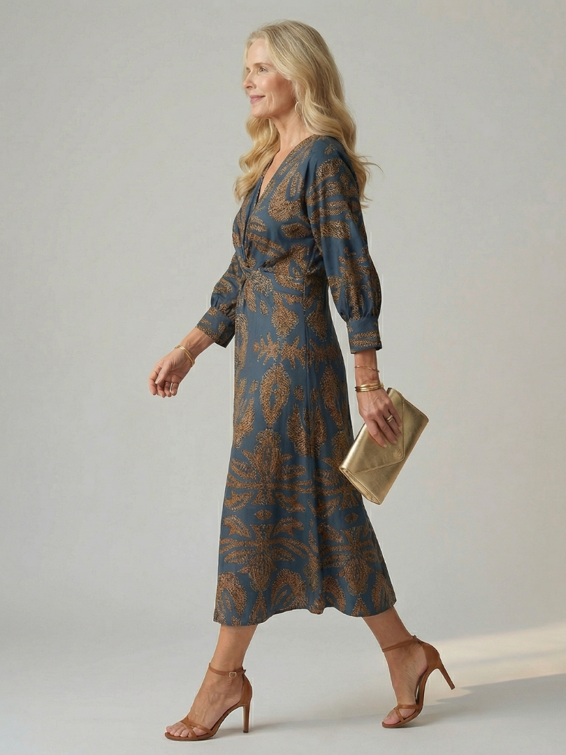 Lune | Midi Dress with Wrap Neckline in Natural Fabric
