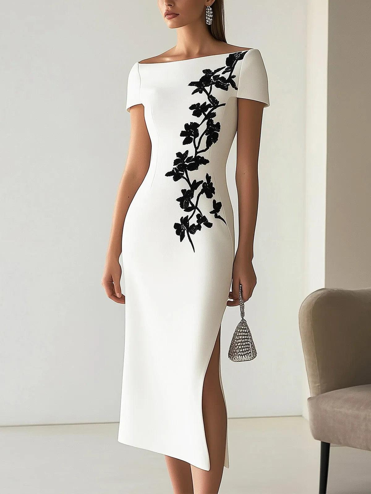 Audrey | Elegancka midi sukienka z kwiatowym wzorem i dekoltem w łódkę