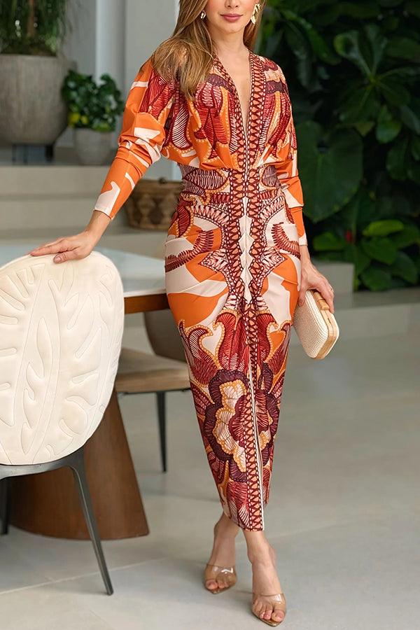 Eva | Unikalna Midi Sukienka Dolman z Printem Sun Escape