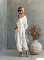 Ella | Biały Len Off-Shoulder Spodnie Set