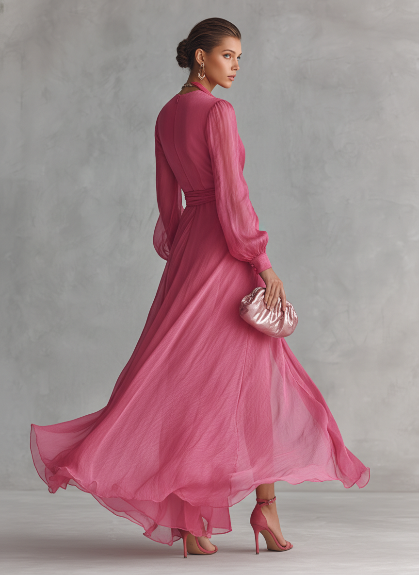 Mia | Różowa Chiffonowa Sukienka Maxikleid z Dekoltem w Serek