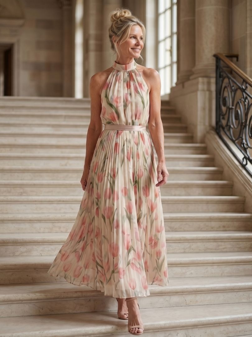 Aurelle | Midi Dress with Floral Halter Neckline