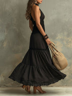 Susie | Bohemian Maxi Dress with High Collar and Lace Ruffles