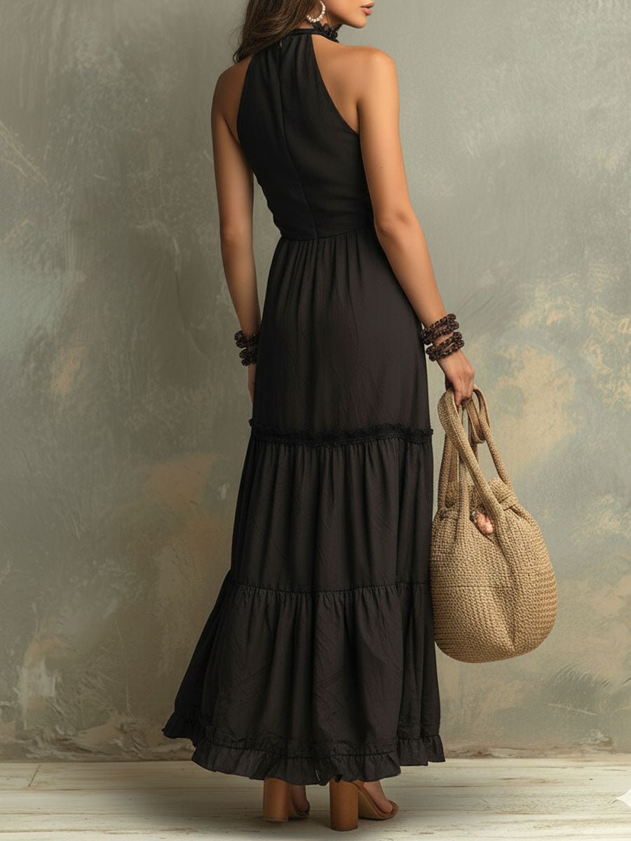 Susie | Bohemian Maxi Dress with High Collar and Lace Ruffles