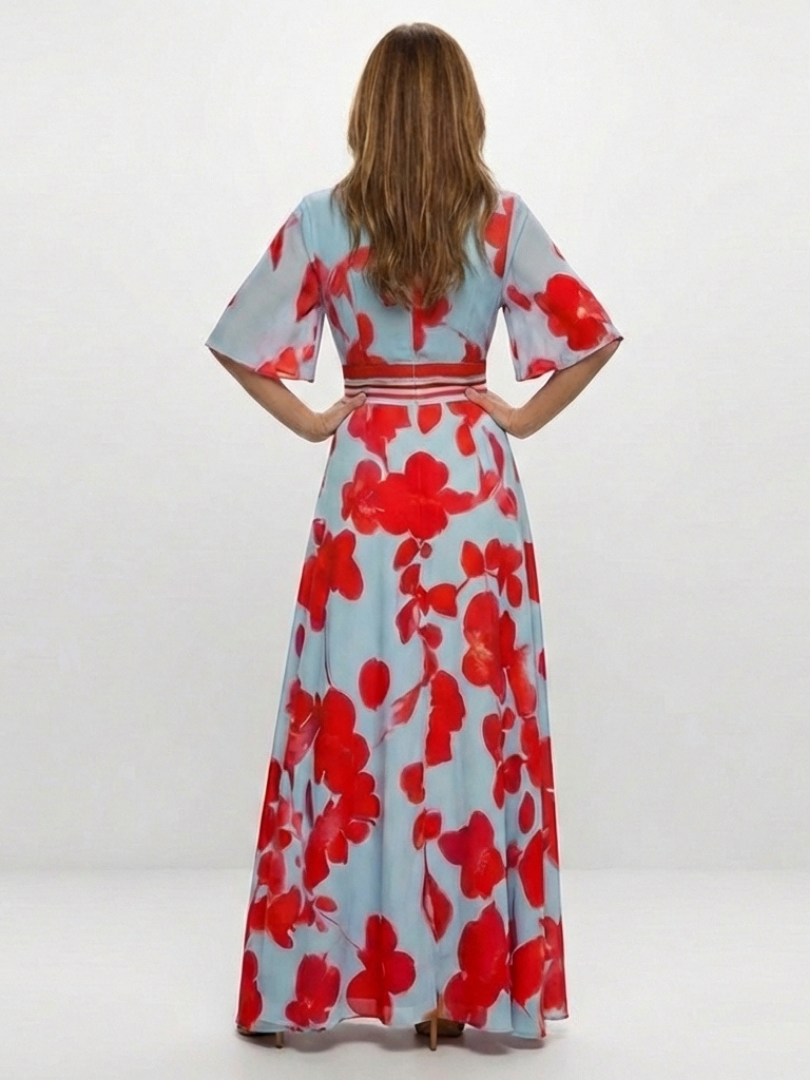 Corinne | Maxi Dress with Floral Print and V-Neck, Short Sleeves