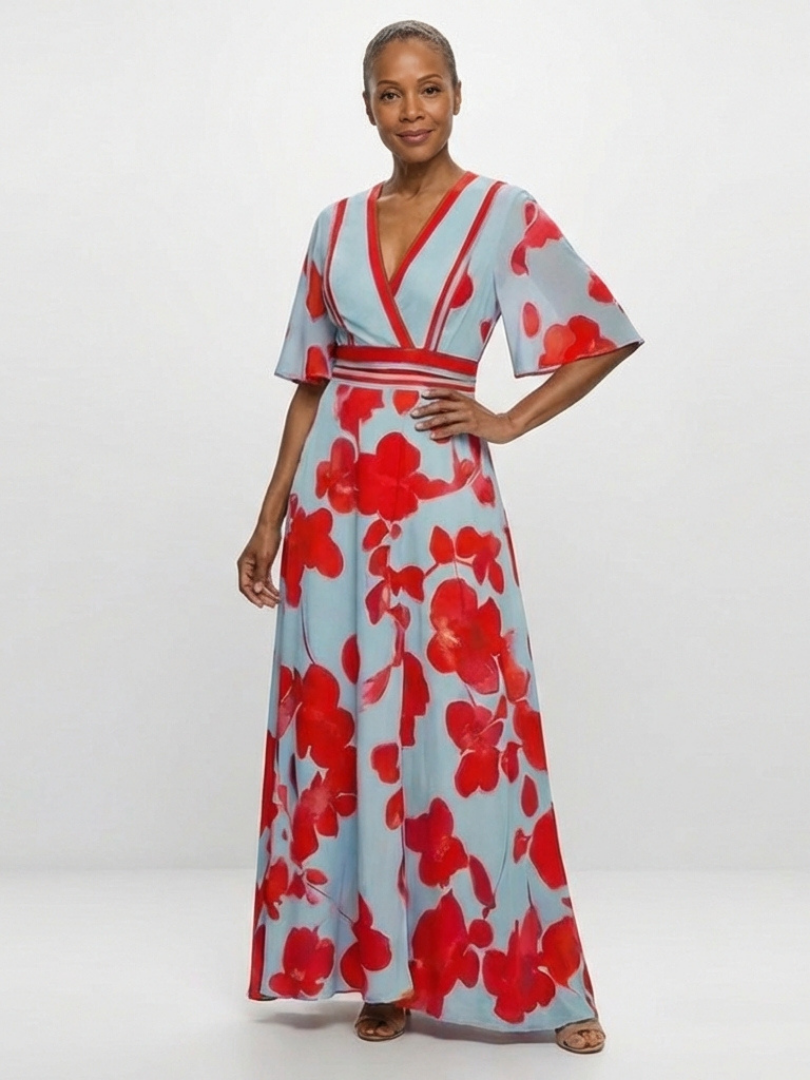 Corinne | Maxi Dress with Floral Print and V-Neck, Short Sleeves