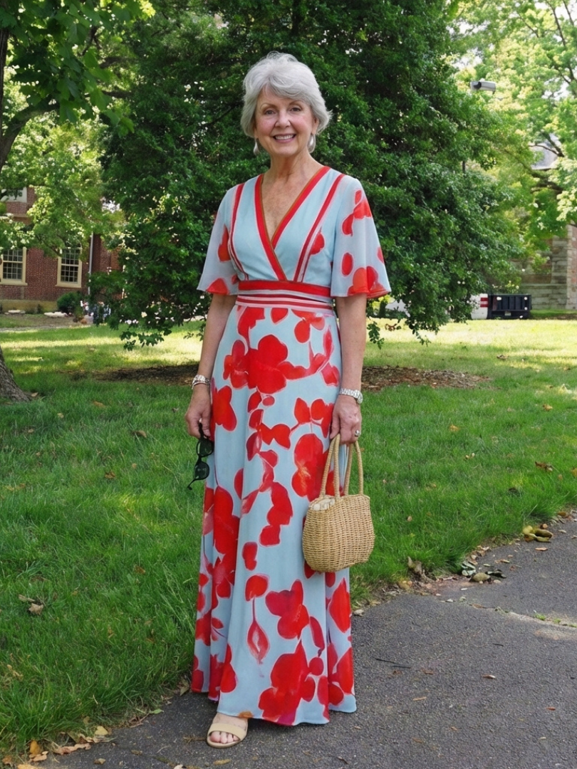 Corinne | Maxi Dress with Floral Print and V-Neck, Short Sleeves