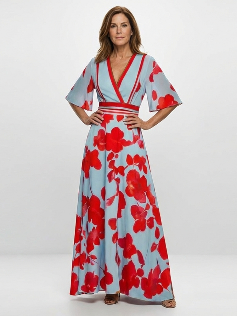 Corinne | Maxi Dress with Floral Print and V-Neck, Short Sleeves