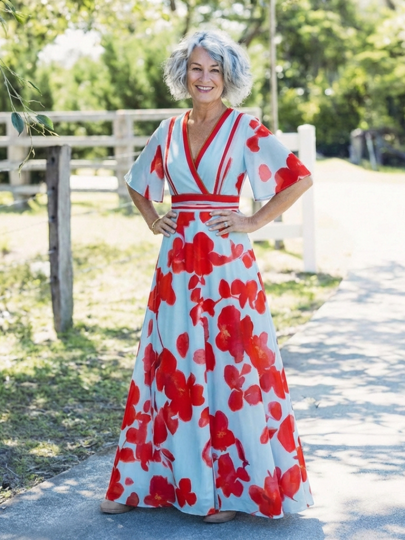 Corinne | Maxi Dress with Floral Print and V-Neck, Short Sleeves