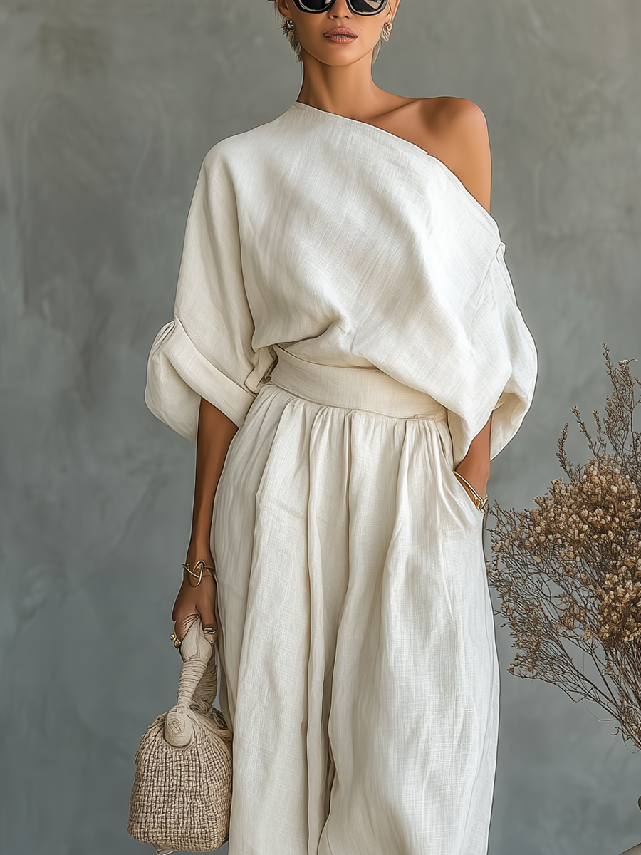 Ella | Biały Len Off-Shoulder Spodnie Set