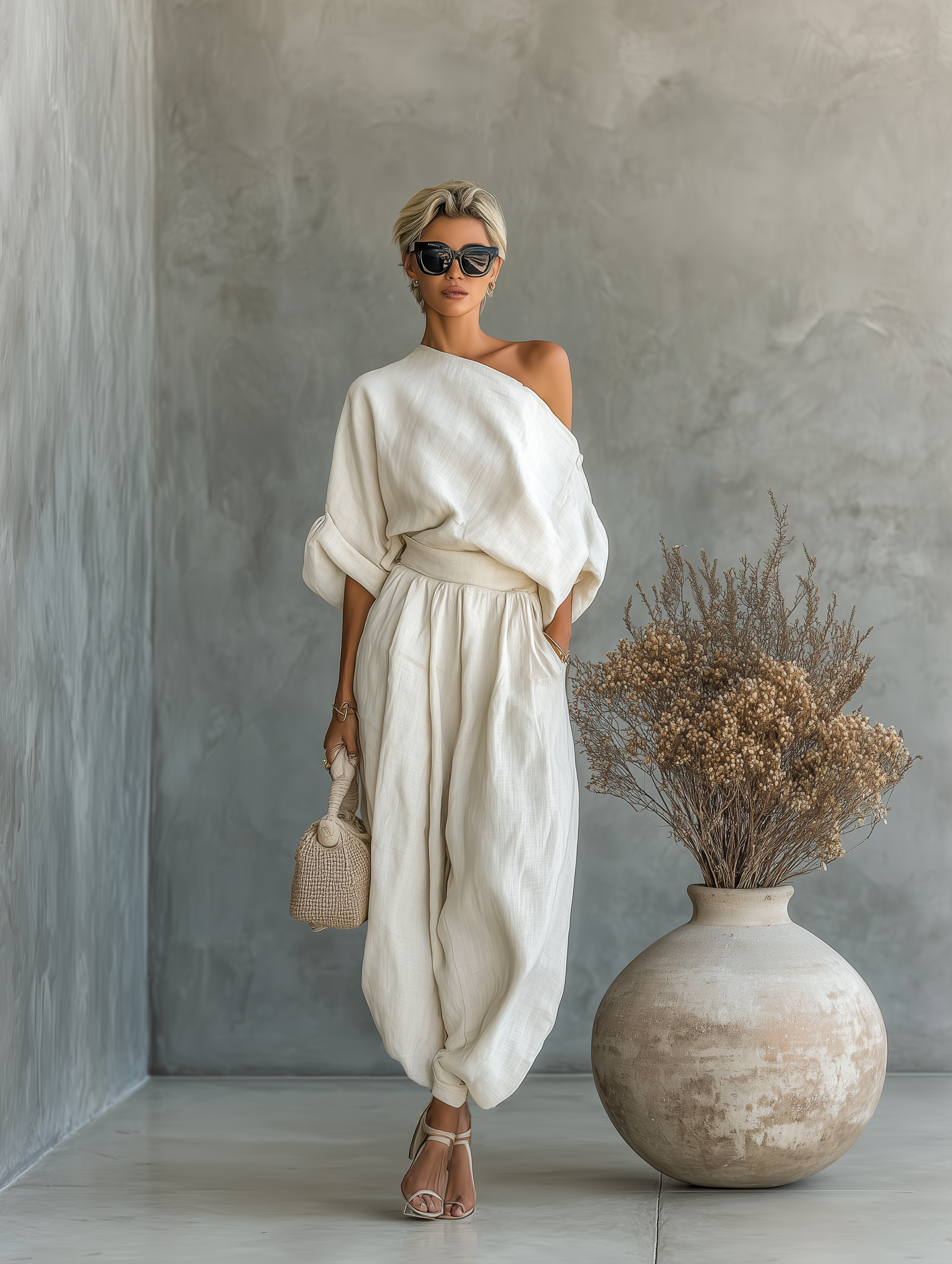 Ella | Biały Len Off-Shoulder Spodnie Set